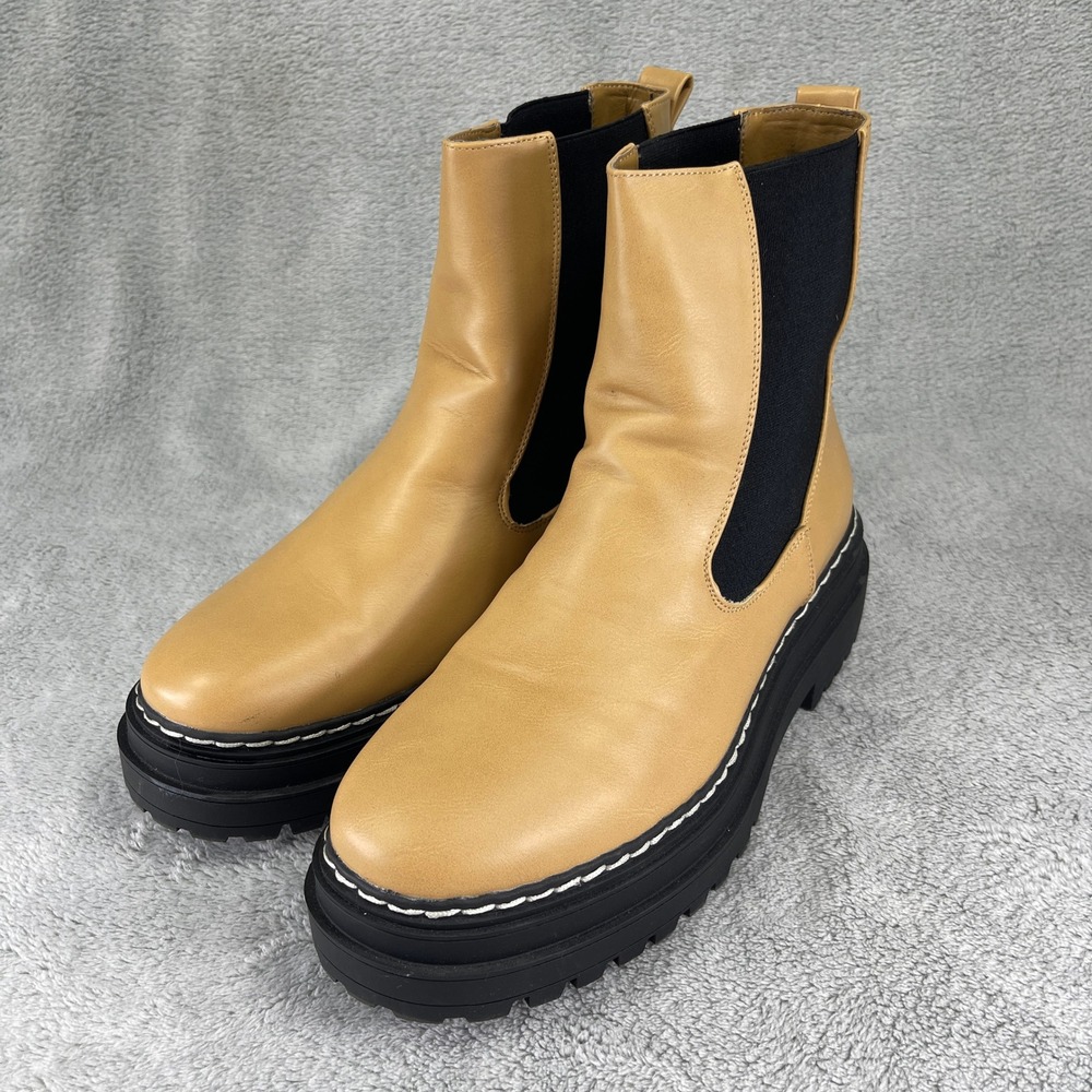 Platform Chelsea Boots Womens 10 Lug Sole Contrast Camel Ankle Tan Faux Leather